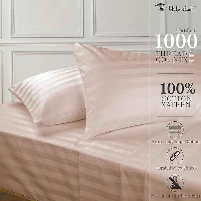 URBANHUT 1000 Thread Count Damask Striped King Size Egyptian Cotton Sheets, Long Staple Soft & Breathable, 4 Pc Bed Sheet Sets, Luxury Hotel Sateen Sheets Fits 16" Deep Pocket - Blush Pink