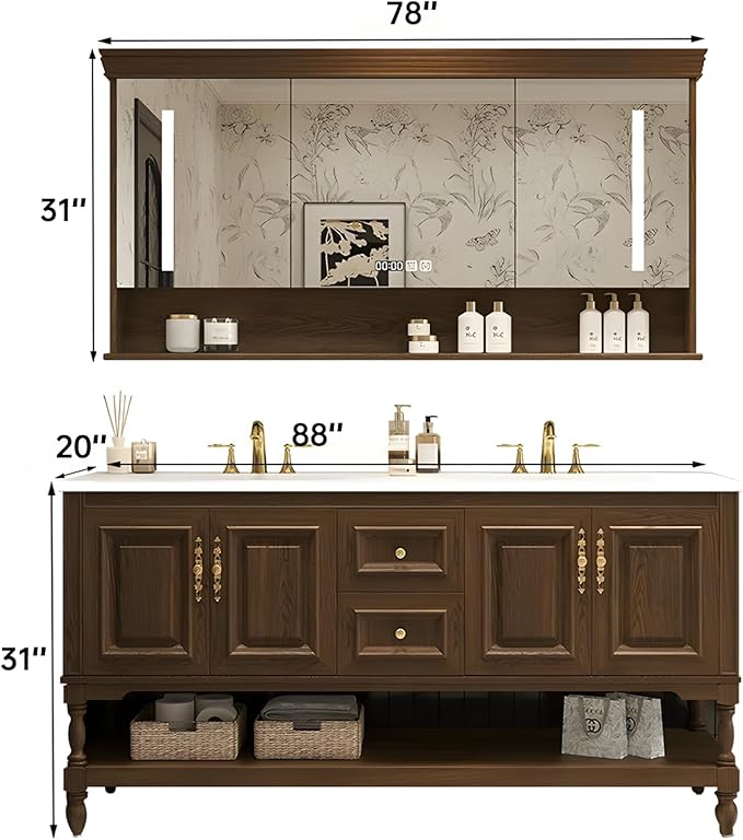 88" Double Bathroom Vanity with Sink,Freestanding Bathroom Vanity Large Storage Cabinet & Open Mirror Cabinet,4 Soft Closing Doors and 2 Drawers Solid Wood Luxury Bathroom Vanities Set,Brown
