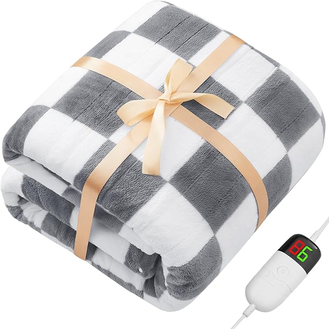 Heated Electric Blanketc Throw, 50X60 Heating Blanket with 10 Heat Level & 8 Hour Auto Off for Lap, Light Gray Checkered Plaid Sherpa Blankets Warmer Gift for Couch Grandma Women Adults Washable