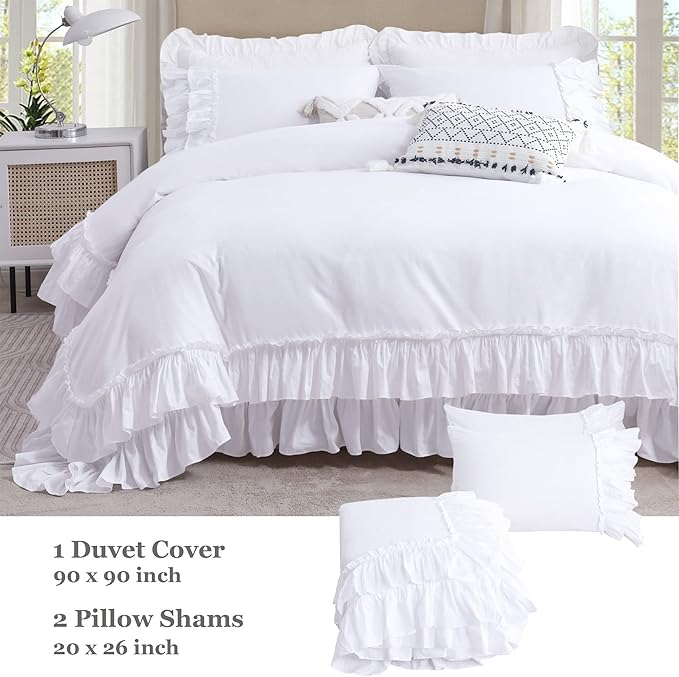 QSH Ruffle White Duvet Cover King Size-Washed Cotton Shabby Farmhouse Chic Ruffled Bedding 3pcs(1 Soft Linen Feel Cotton Duvet Cover +2 Ruffle Pillowshams) Aesthetic French Country King Bedding