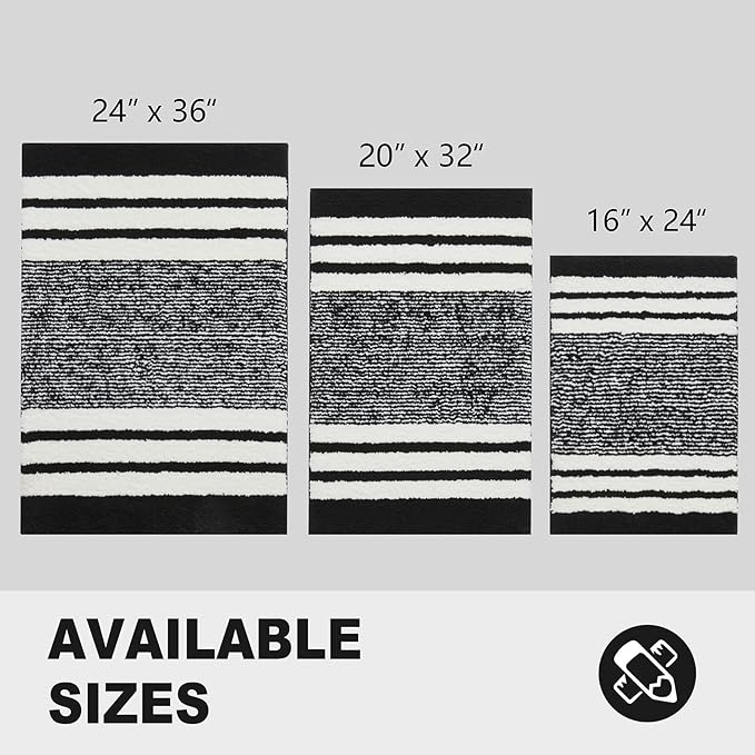 CozeCube Bath mats for Bathroom Non Slip, Fluffy Absorbent Microfiber Bath mat Washable, Aesthetic Bathroom Rugs, Small Jet Black Striped Bath mat, Jet Black, 24" x 16"