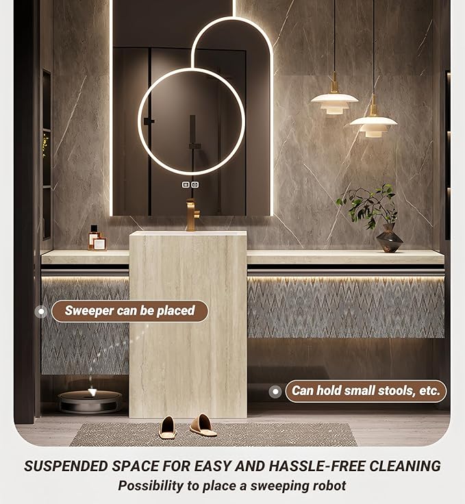Single Sink Freestanding Bath Vanity, Modern Bath Vanity with LED Smart Mirror, 60IN Solid Wood Floating Bathroom Sink Cabinet with Marble Slate Top and Large Storage Drawer