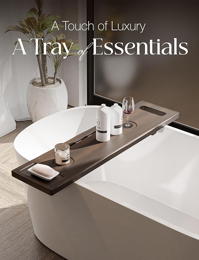 Tinamo Acacia Bathtub Tray Caddy with Adjustable Legs - Bath Tub Tray for Freestanding Tubs - 39x9.75 Inch Large Wooden Anti-Tipping Tub Tray for Bathtub with Accessories Holders (Walnut, 39x9.75)