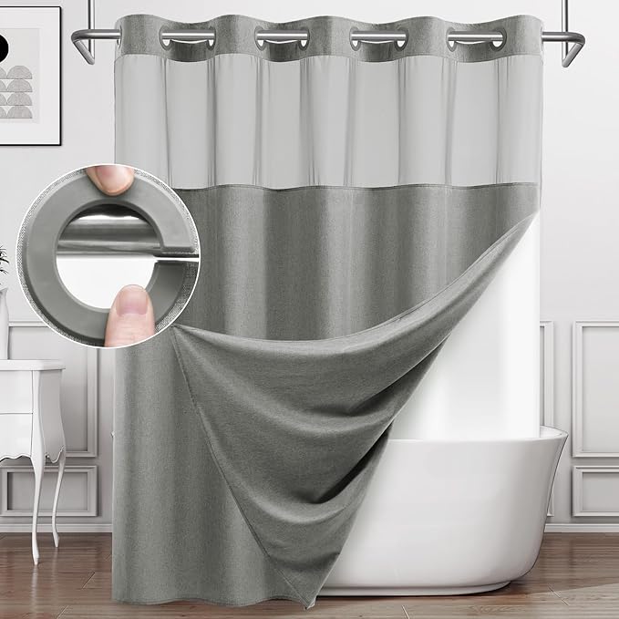 No Hook Shower Curtain with Snap in Liner, Polyester Textured Shower Curtain with Liner Set, Waterproof Washable Hotel Style Shower Curtains for Bathroom, 71Wx77H, Grey