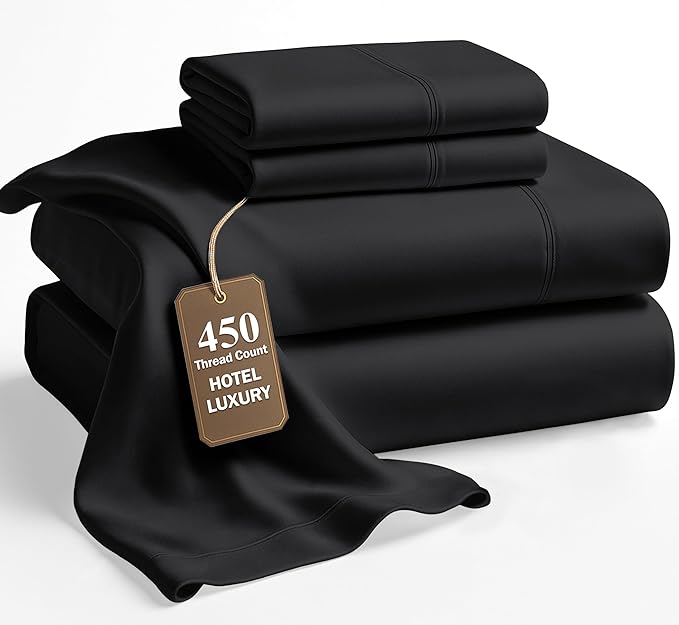 LANE LINEN King Size Bed Sheets – 450 Thread Count Long-Staple 100% Cotton, Naturally Cooling Sheets King Size, Value for Money Bedding, Low Pill, Machine Washable, 15" Deep Pocket Fitted – Black
