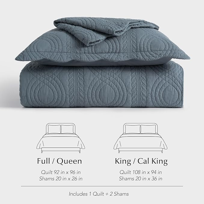 EVERGRACEHOME 100% Cotton Scallop Quilt Set, Queen Size 3 Piece Set – Lightweight Bedspread with 2 Shams, Soft Prewashed Matelasse Coverlet for Cozy and Elegant Bedding, Stormy Blue