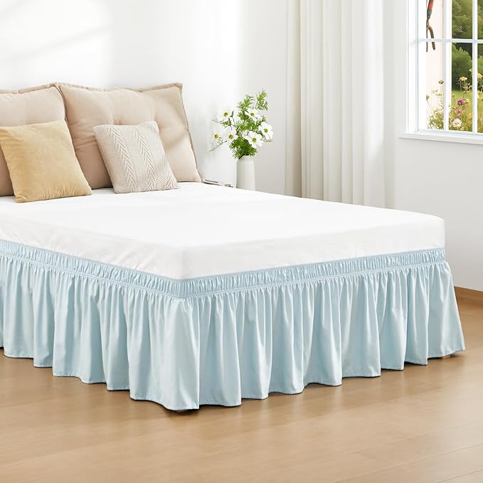 RIMELA Grayish Blue Bed Skirt King Size 15 Inch Drop, Wrap Around Elastic Bedskirt, Dust Ruffle for Adjustable Bed Base Machine Washable Easy to Install Bed Skirts