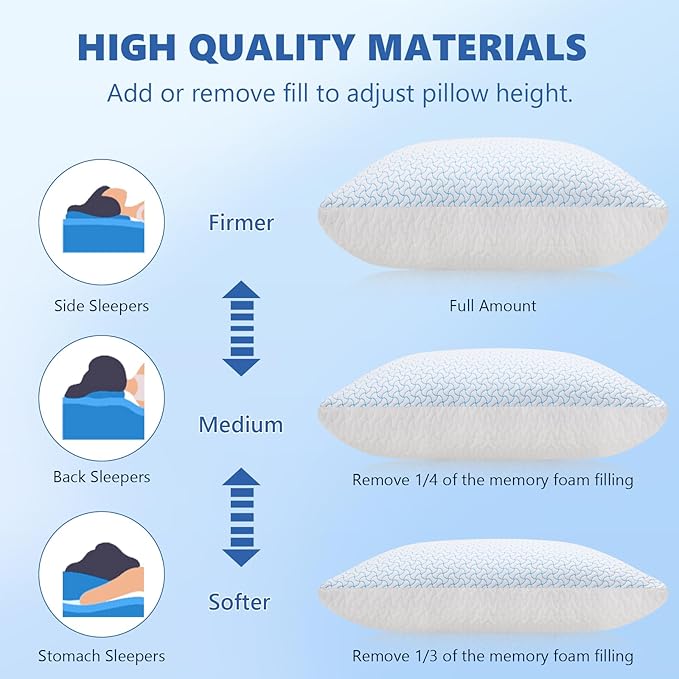 SUPA MODERN Shredded Memory Foam Pillows for Sleeping Queen Size Set of 1 Pack,Adjustable Cooling Bed Pillow for Side Back and Stomach Sleepers with Breathable Washable Cover