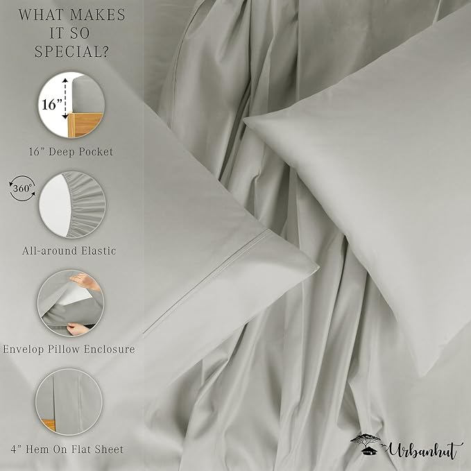 URBANHUT 1000 Thread Count Egyptian Cotton Sheets Full Size, Breathable Long Staple, 4 Pc Bed Sheet Sets, Luxury Hotel Sateen Sheets Fits 16" Deep Pocket - Silver Grey