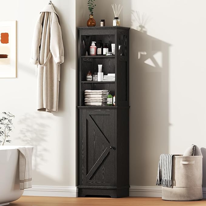 Tall Bathroom Storage Cabinet with Door and Open Adjustable Shelves, 60.9" H Wooden Tower Corner Narrow Farmhouse Cabinet, Freestanding Organizer for Kitchen, Entryway Black