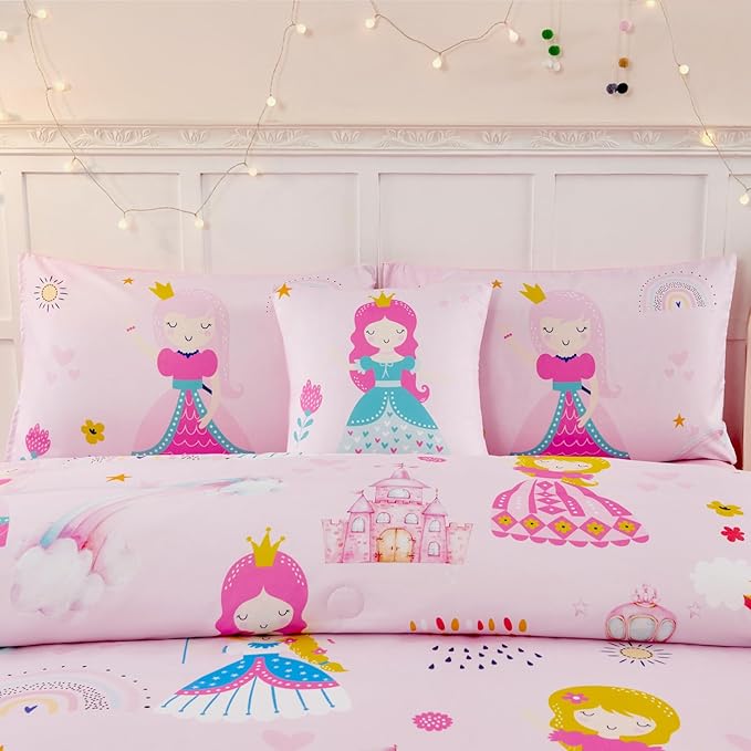 ANGIYUIN 6Pcs Pink Princess Kids Comforter Set Full Cute Rainbow Girl Bed in A Bag Fairy Tales Castle Bedding Set(1 Comforter, 1 Flat Sheet, 1 Fitted Sheet, 2 Pillowcases,1 Square Pillowcases)