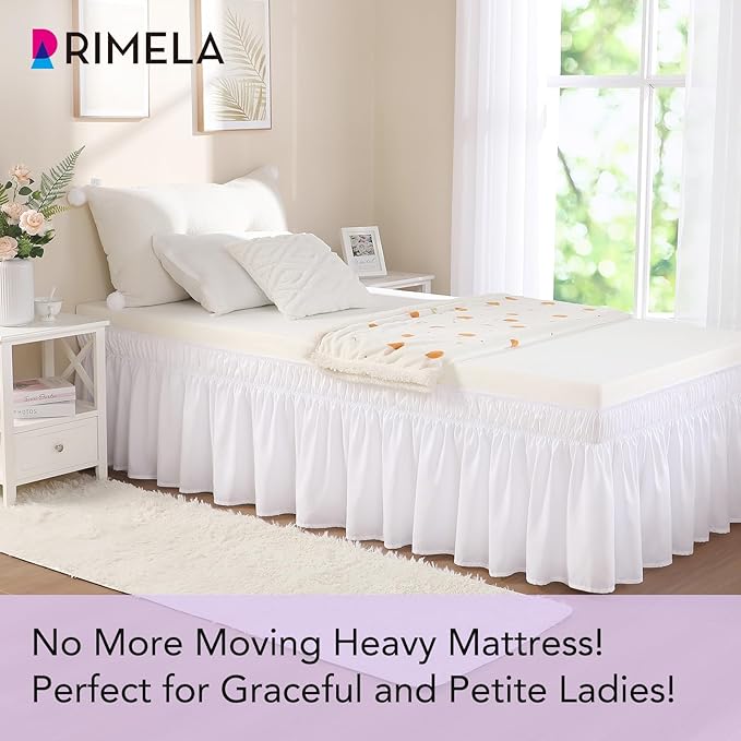 RIMELA White Bed Skirt Twin Size 15 Inch Drop, Elastic Bed Skirting for Bed Base and Frame, Bedding Dust Ruffle Easy to Install, Lightweight Wrap Around Adjustable Bedskirt