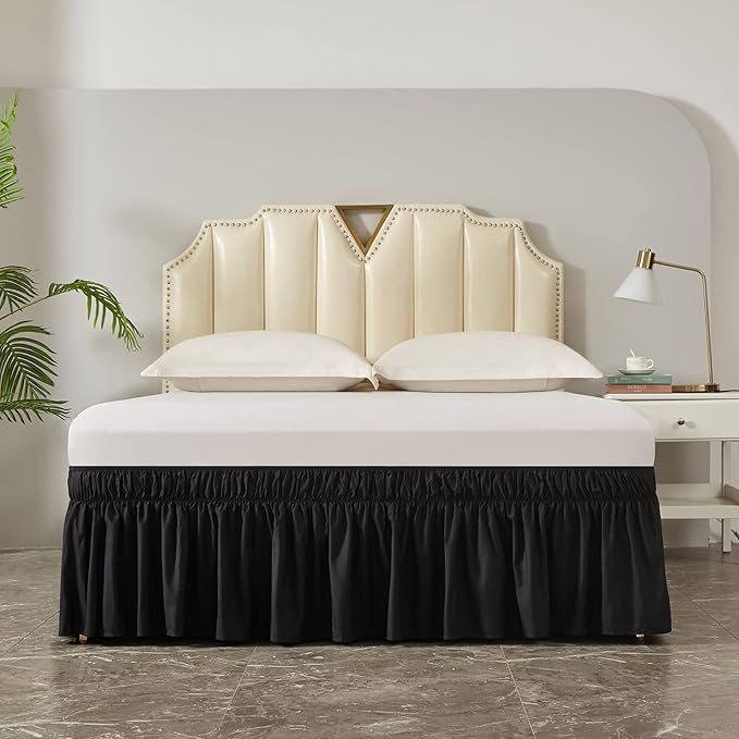 MEILA Wrap Around Bed Skirt Three Fabric Sides Elastic Dust Ruffled 16 Inch Tailored Drop,Easy to Install Fade Resistant-Black, Twin/Full