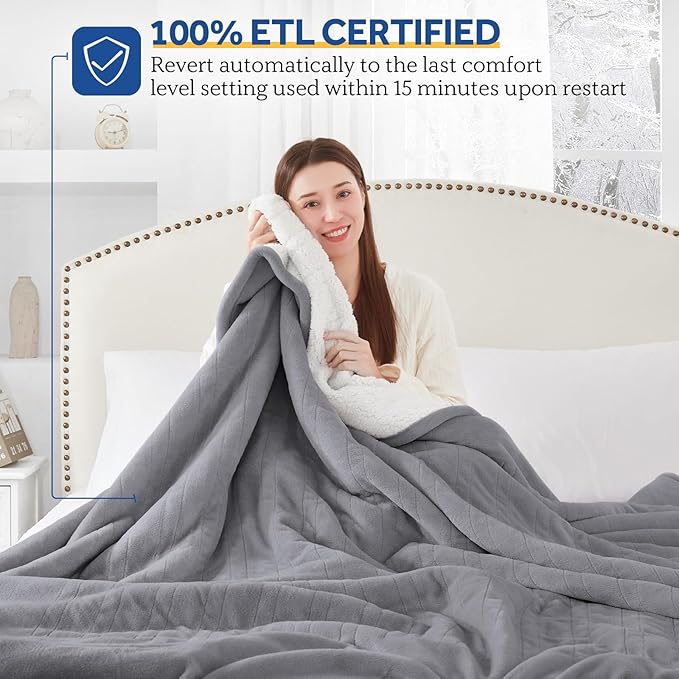 SEALY Electric Blanket Twin Size, Flannel & Sherpa Heated Blanket with 10 Heating Levels & 1-12 Hours Auto Off, Machine Washable, Light Grey, 62"x 84"