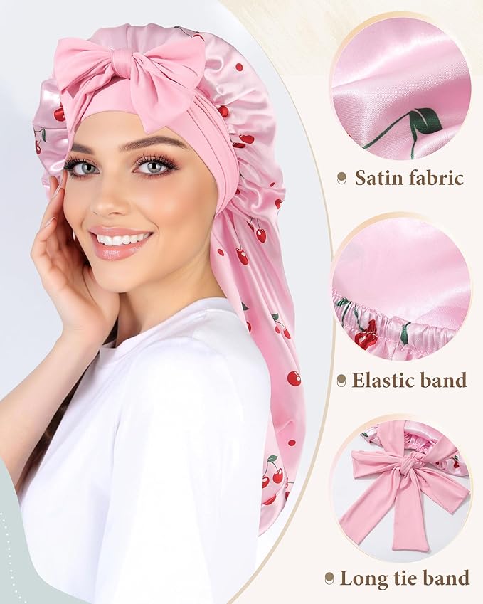 AWAYTR Long Satin Bonnet for Sleeping, Reversible Double Layer Hair Bonnet with Elastic Tie Band (Cherry Print+Pink)