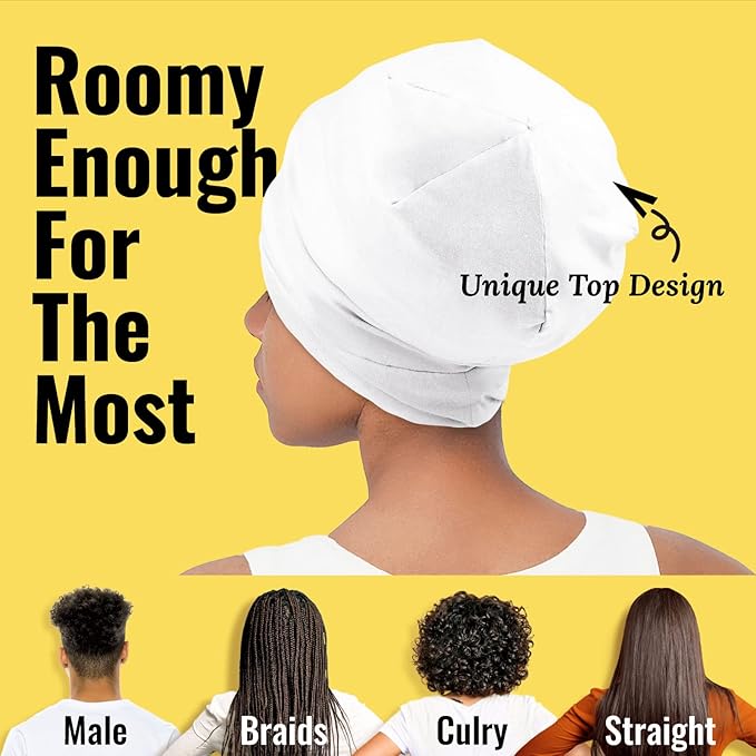 Satin Lined Sleep Cap Bonnet for Curly Hair and Braids, Stay On All Night Hair Wrap with Adjustable Strap for Women and Men, White, Pack of 1