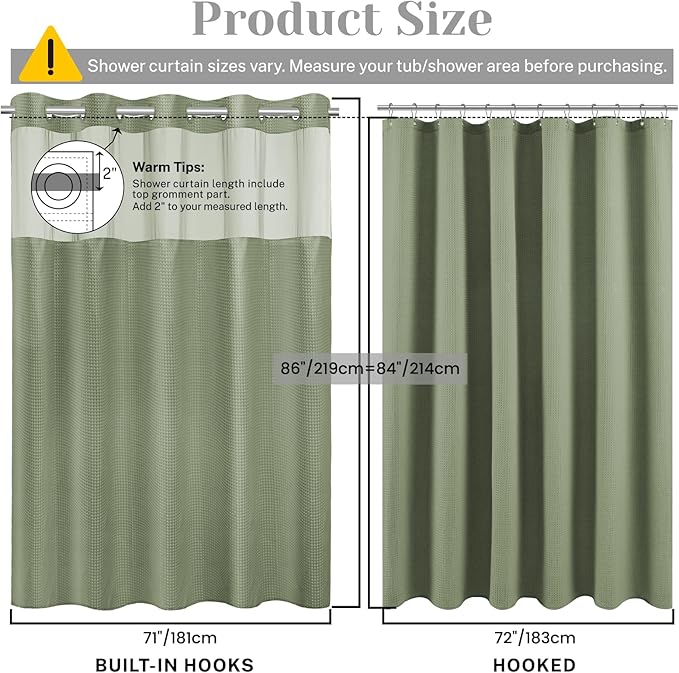 No Hook Shower Curtain with Snap in Liner Set Waffle Shower Curtain for Bathroom Hotel Style Fabric Waterproof Inner Liner，71" W x 86" H, Green