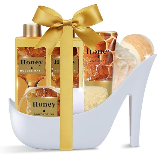 Christmas Gifts for Women, Honey Spa Gift Basket for Women, Bath Set with Golden Bath Bombs & Skin-Repairing Butter, Anniversary Gifts for Her, Wife, Girlfriend