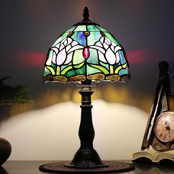 Tiffany Small Table Lamp for Bedroom Bedside Nightstand Table Lamps for Living Room 3 Way Color Temperatures Stained Glass Table Lamp 8X8X15 Inch Home Office Reading Desk Lamp (Pink Tulips)