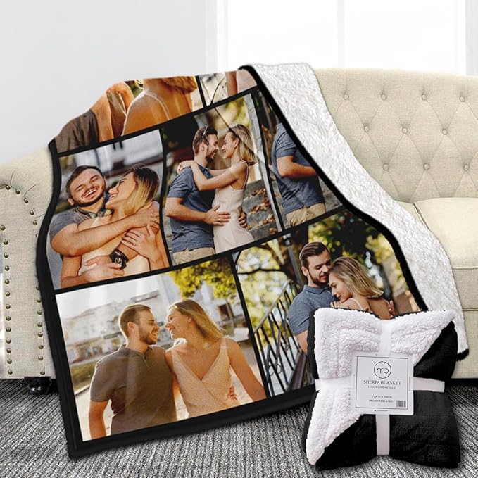 Custom Sherpa Fleece Blanket with Photos and Text - Soft Warm Fuzzy Personalized Couples Gift for Boyfriend Girlfriend - Customized Picture Gifts for Birthday Anniversary Christmas