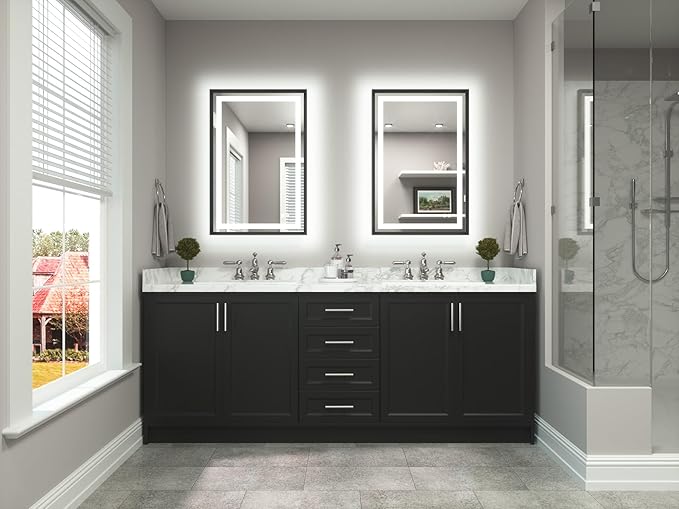 TETOTE 24 x 36 Bathroom LED Mirror Brushed Black Metal Frame Frontlit & Backlit Vanity Mirror Anti-Fog Stepless Dimmable 3 Colors White/Warm/Natural Mirror with Lights Wall-Mounted