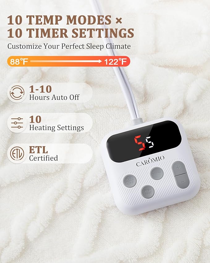 CAROMIO Electric Blanket Twin Size - Thick Tufted Sherpa Heated Blanket Twin with 10 Heating Levels and 10 Time Settings, ETL Certified Machine Washable Fast Heating Blanket Twin 62"×84", White