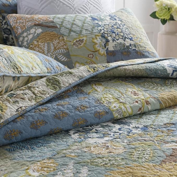 ENASAL Cotton Bedspread Quilt Sets Reversible Bedding Coverlet Sets Comforter, Patchwork Vintage Floral Paisley Farmhouse Pastoral Turquoise Bedspread, Queen Size