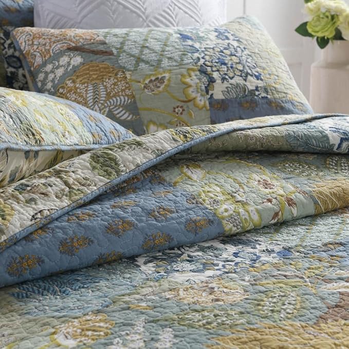 Cotton Bedspread Quilt Bedding Sets 3 Pieces Reversible Coverlet Sets Comforters Rustic Paisley Floral Patchwork Sage Green Bedspread, Queen Size