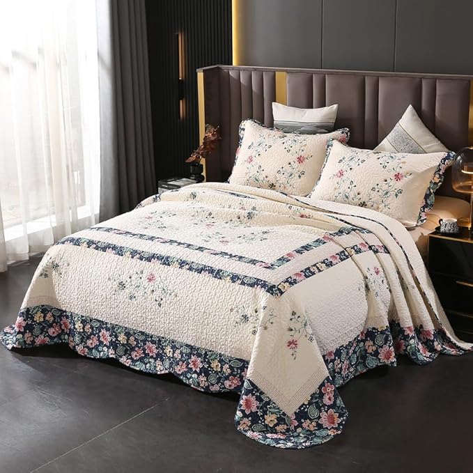 Quilt Set Floral Leaves 3D Embroidery Pattern 2 PCS Cotton Reversible Quilted Embroidered Decorative Bedspreads Coverlet Set, Lightweight &Soft Queen Size Beige Bedding Coverlet for All Season