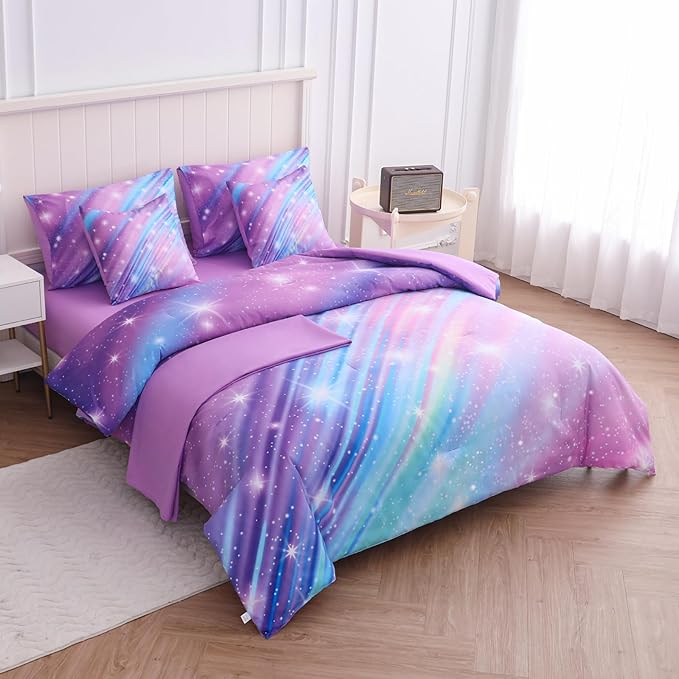Rainbow Bedding Set Queen Size – 6-Piece Reversible Girls Comforter with Deep-Pocket Sheet, Gradient Galaxy Design, Whole-Piece Filling, Machine Washable Bed-in-a-Bag for Kids Room Makeover & Gifts