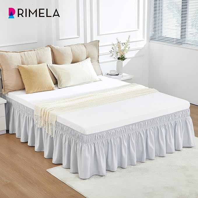 RIMELA Ice Grey Bed Skirt Queen Size 18 Inch Drop, Elastic Bed Skirting for Bed Base and Frame, Bedding Dust Ruffle Easy to Install, Lightweight Wrap Around Adjustable Bedskirt