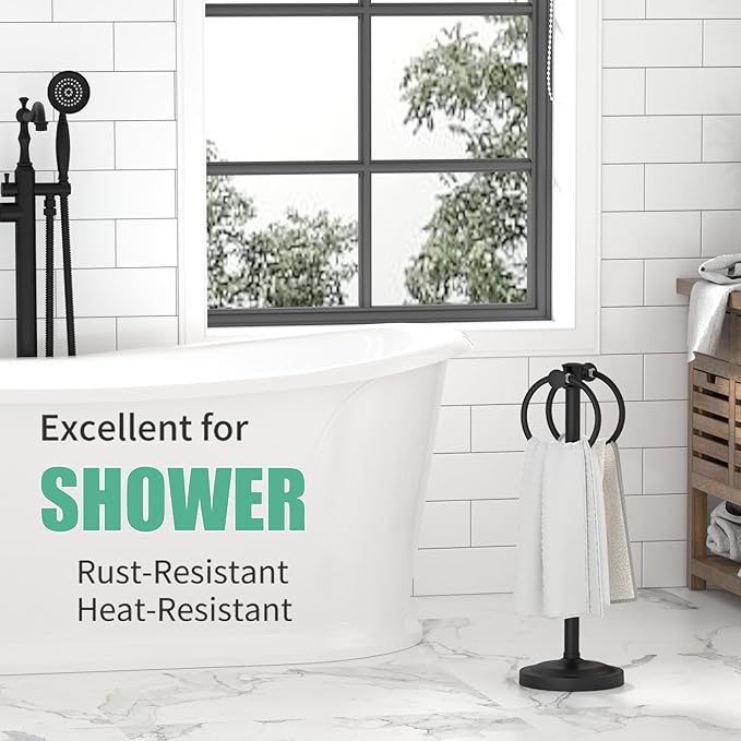 Hoimpro 17" Matte Black Stainless Steel Standing Towel Rack Double Towel Ring Hand Towel Stand Holder, Bathroom Accessories Set Hardware Towel Bar Hanger for Bathroom Vanity and Kitchen Countertops