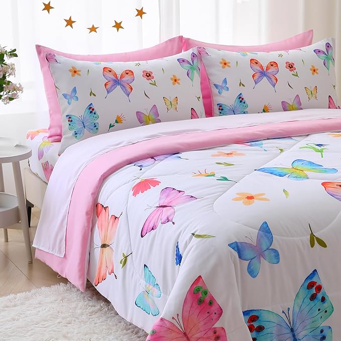 Wajade 7 Piece Butterfly Comforter Set for Girls Kids Cute Colorful Butterfly Flowers Floral Bedding Set Queen Size with Sheet and 2 Pillowcases 2 Pillow Shams Bed in a Bag as Birthday Choice