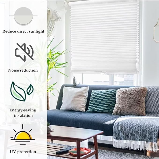 MYshade 1.5-Inch Cellular Cordless Light Filtering Shades,Thermal Insulating Noise Reducing Waterproof Blinds,Honeycomb Window Treatments for Indoor Light Control (White-40 W x 72" H)