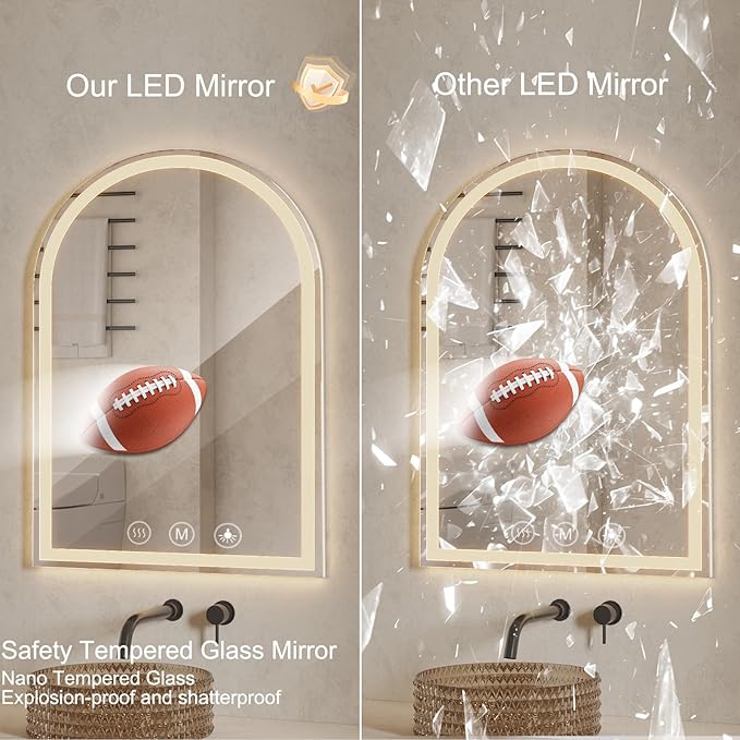 LED Bathroom Mirrors with Lights 30"x40" Arched Mirror for Wall,Led Vanity Mirror, Anti-Fog,LED Mirrors with Front Light and Backlit, Anti-Fog, Dimmable, 3 Color, Shatterproof, Touch Sensor