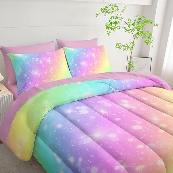 7 Piece Rainbow Comforter Set - Bed in a Bag, Pastel Galaxy Bedding Twin, Soft Microfiber, Kids/Teens/Girls, All Season