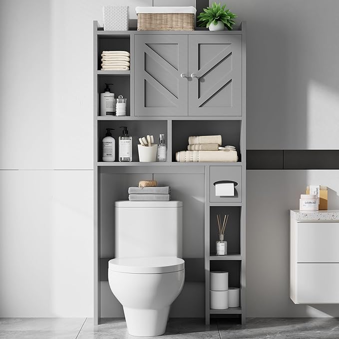 Meilocar Over The Toilet Storage Cabinet, Bathroom Over Toilet Storage Cabinet, Bathroom Storages Organizer Cabinets with Toilet Paper Holder and Adjustable Shelf, Grey