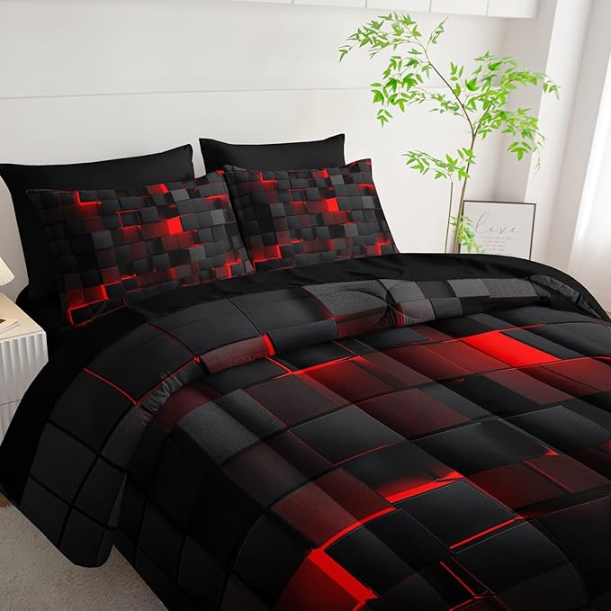 7pc Black & Red Comforter Set Twin - 3D Cube Bed in a Bag, Geometric Pattern, Soft Microfiber Bedding, All Season