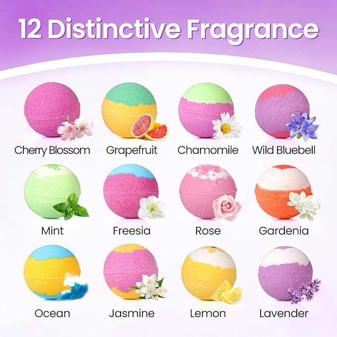 Christmas Bath Bombs, 12 Pack Handmade Bubble Shower Bombs Set, Shea Butter & Individually Wrapped, Present Idea for Her/Him, Wife, Mom Women