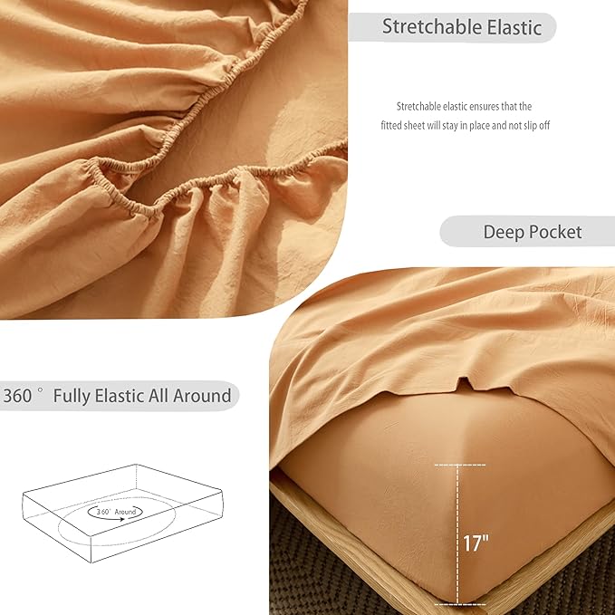 MooMee Bedding Sheet Set 100% Washed Cotton Linen Like Textured Breathable Durable Soft Comfy (Solid Burnt Orange, Twin)