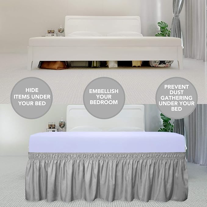 PureFit Wrap Around Ruffled Bed Skirt with Adjustable Elastic Belt - 18 Inch Drop Easy to Put On, Wrinkle Free Bedskirt Dust Ruffles, Bed Frame Cover for Queen, King and C-King Size Beds, Light Gray