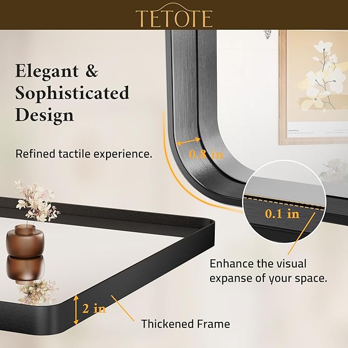 TETOTE Black Framed Bathroom Mirror, 24 x 32 Inch Matte Metal Frame Vanity Mirror, Farmhouse Wall Mounted Rectangle Mirror (Horizontal/Vertical)