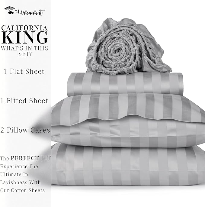 URBANHUT 1000 Thread Count Egyptian Cotton Sheets Damask Striped California King Size, Breathable Long Staple, 4 Pc Bed Sheet Sets, Luxury Hotel Sateen Sheets Fits 16" Deep Pocket - Silver Grey