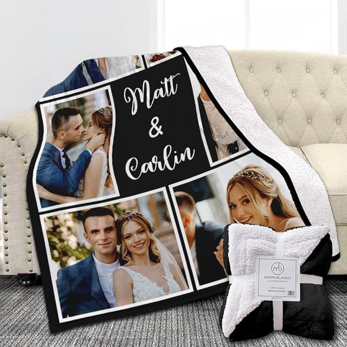 Custom Sherpa Fleece Blanket with Photos & Text - Soft, Warm & Fuzzy Personalized Couples Gifts for Boyfriend & Girlfriend - Customized Picture Blanket for Birthday, Anniversary & Christmas