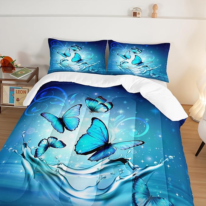 Fantasy Blue Butterfly Comforter Set Queen Size,Butterflies on Water Flash Bedding Sets 3 Pieces,Blue Series Aesthetic Bedding for Kids Girls Boys Room Decor with 2 Pillowcases.