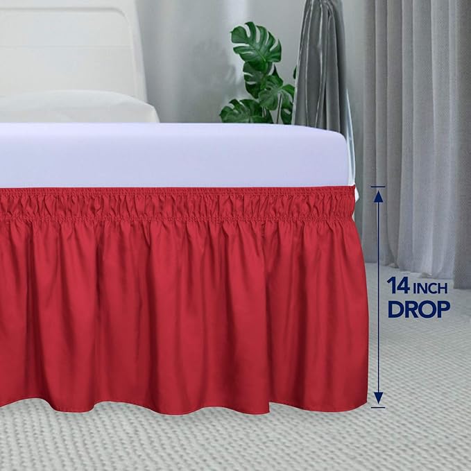 PureFit Wrap Around Ruffled Bed Skirt with Adjustable Elastic Belt - 14 Inch Drop Easy to Put On, Wrinkle Free Bedskirt Dust Ruffles, Bed Frame Cover for Queen, King and C-King Size Beds, Red