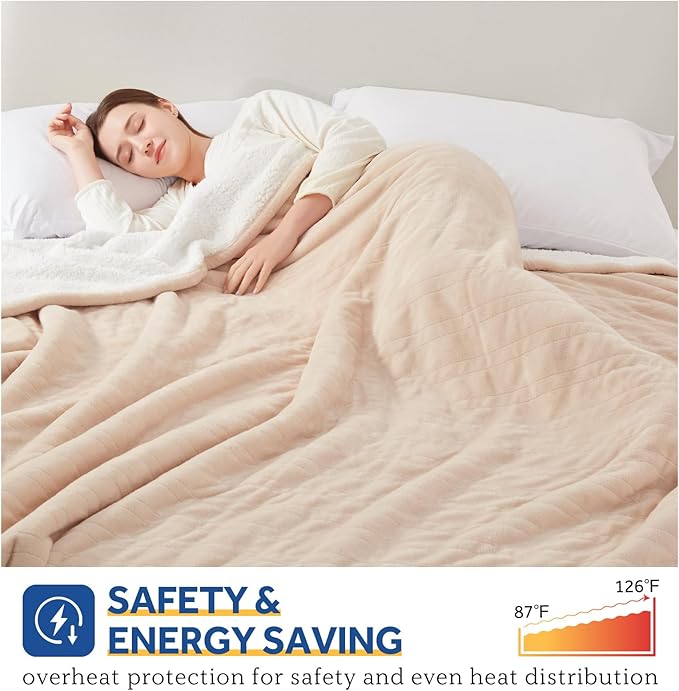 SEALY Electric Blanket Twin Size, Flannel & Sherpa Heated Blanket with 10 Heating Levels & 1-12 Hours Auto Off, Machine Washable, Beige, 62x 84 Inch