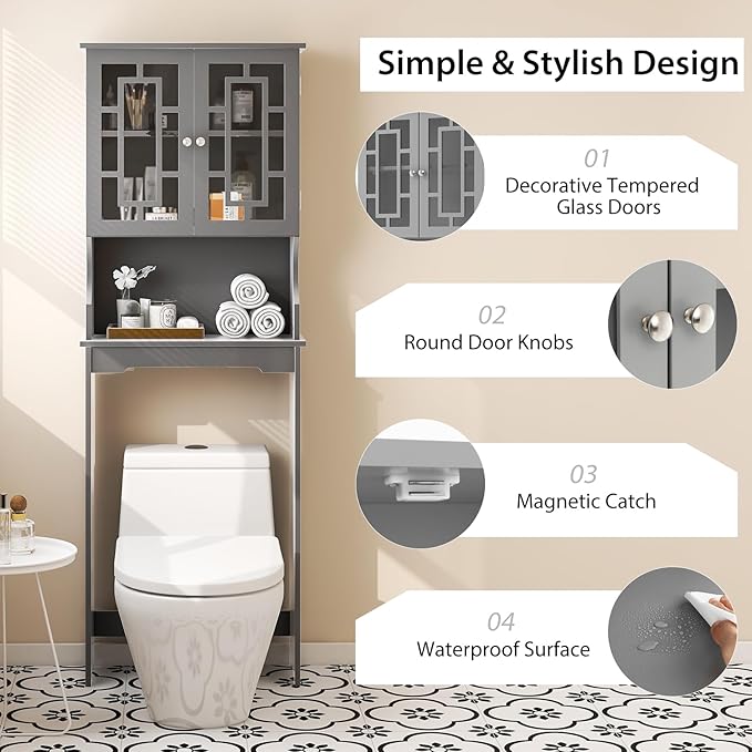 BestComfort Wooden Over The Toilet Storage Cabinet, Home Bathroom Space Saver, Double Doors, Adjustable Shelf Organizer, Open Storage Shelf, Freestanding Toilet Storage Rack Unit (Gray), Grey