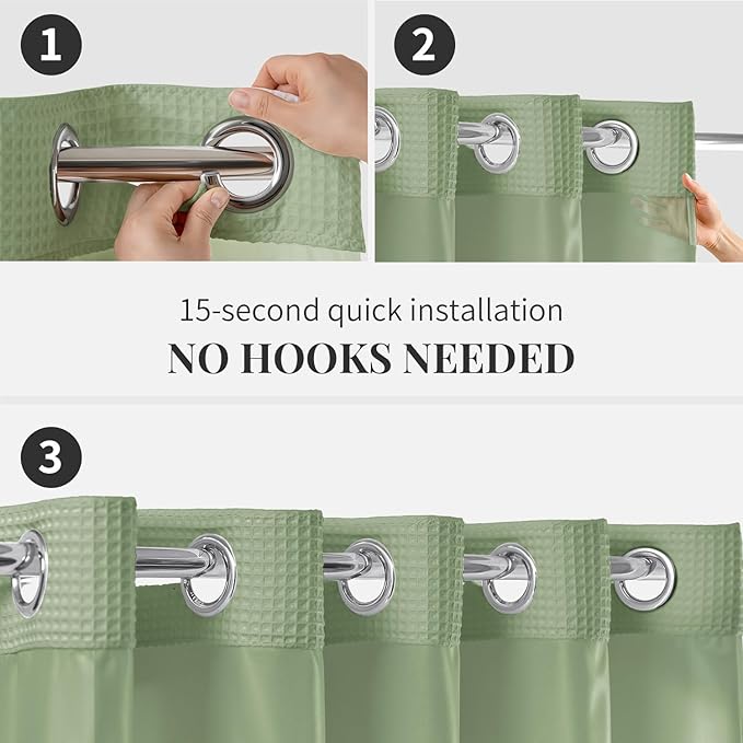 River Dream Sage Green Fabric Shower Curtain Set, Cotton Blend, Waffle Weave, with Snap in Replacement Liner，71 x 86 inches