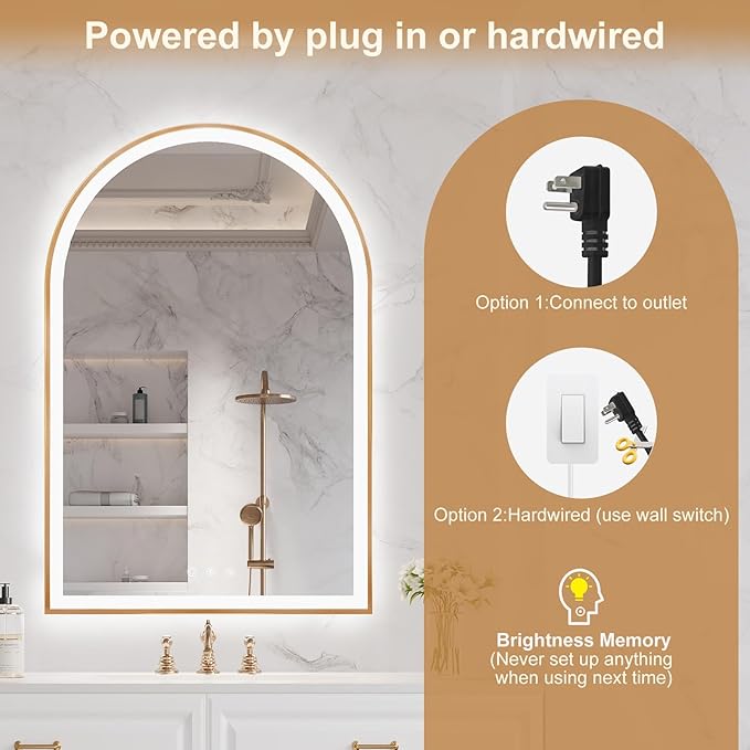 Arched LED Mirror for Bathroom 24"x36", Orange Gold LED Bathroom Mirror with Lights, Fogless, Dimmable, Shatterproof, Touch Sensor, 3 Color Changing